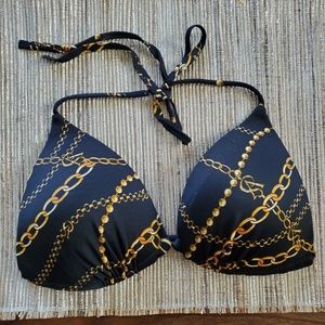 Push Up Halter Swim Top Navy/Gold Chain Pattern